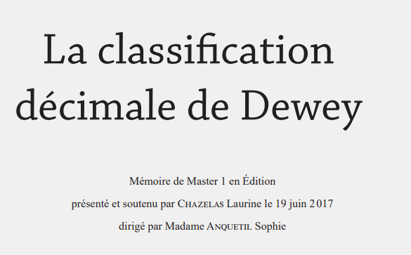 Classification décimale de Dewey et ses applications.