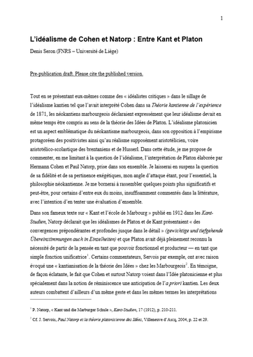 L’idéalisme de Cohen et Natorp - Entre Kant et Platon  - Denis Seron_compressed